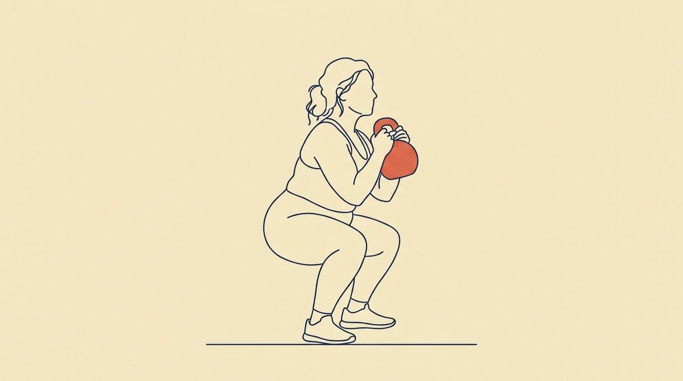 Strektegning av kvinne som gjør knebøy med kettlebell